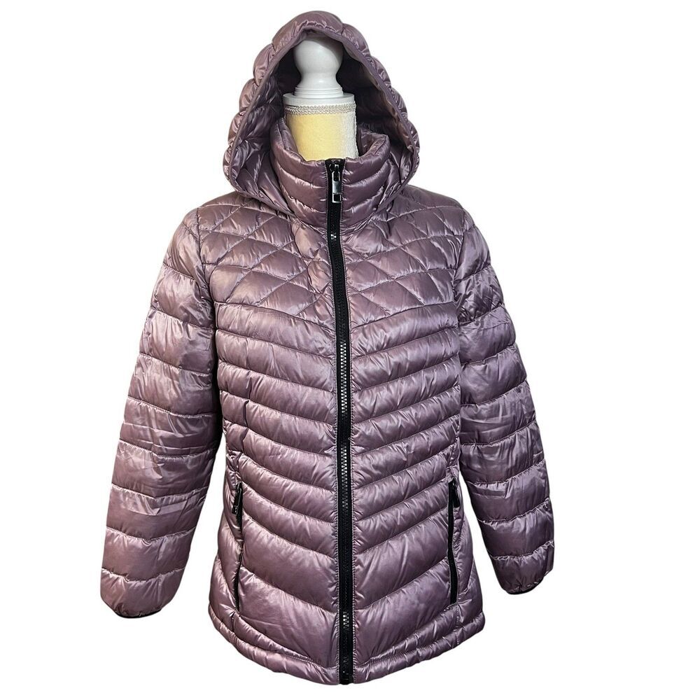 Calvin Klein Womens Packable Down Puffer Jacket Hooded Mauve Purple Quilted L